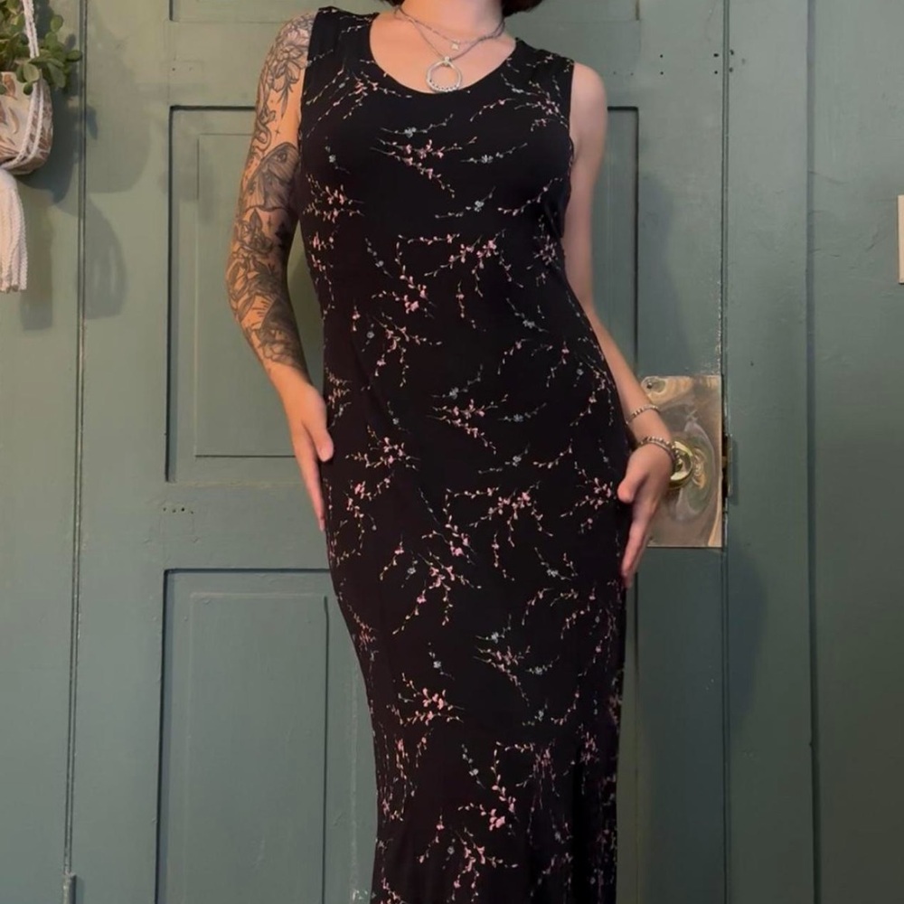 Vintage Black Maxi Dress with Pink Floral Design